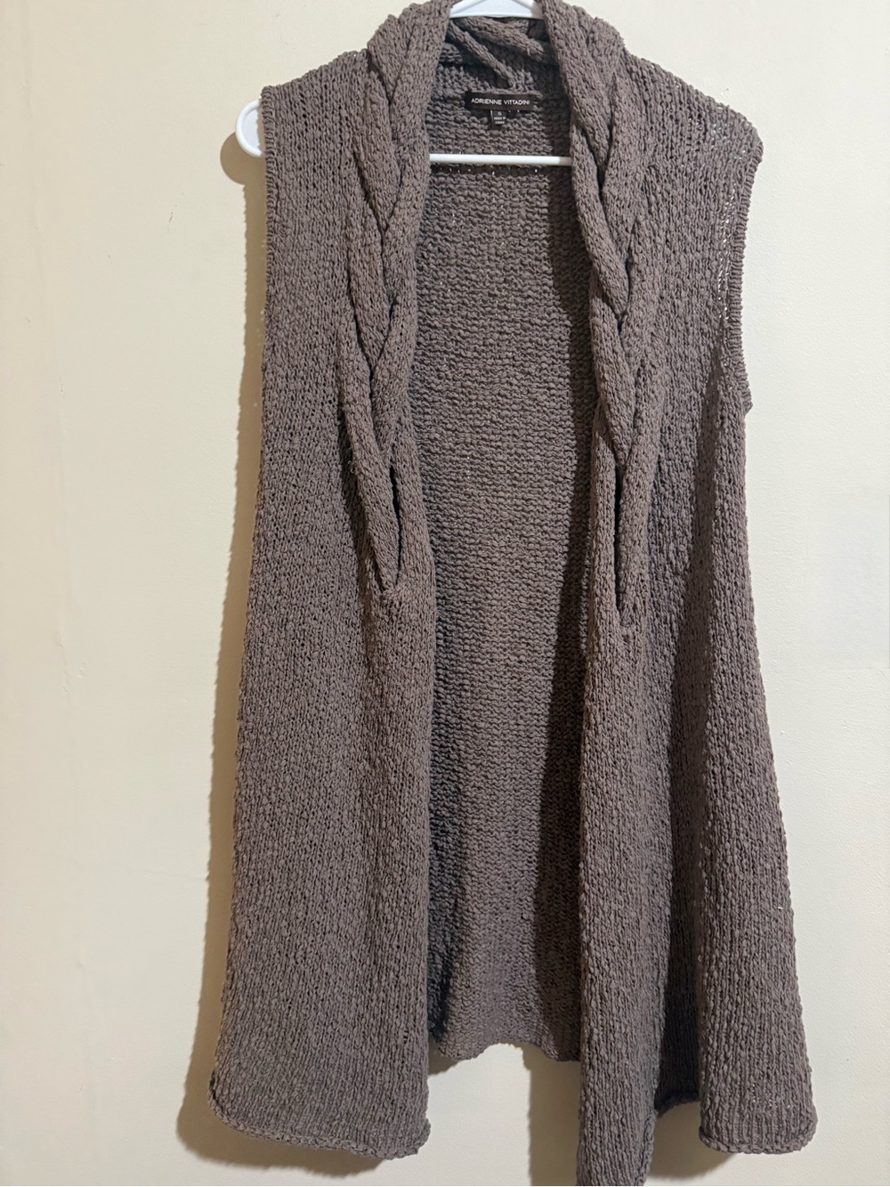 Adrienne Vittadini Taupe Cable-Front Sleeveless Open Cardigan